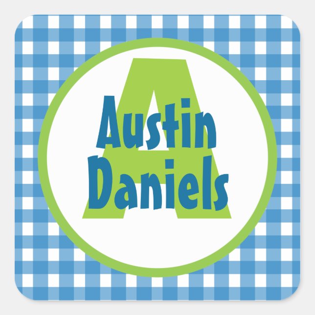 Blue Green Gingham Monogram Personalized Stickers (Front)