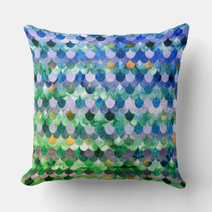 Blue Green Girly Mermaid Fish Scales Throw Pillow
