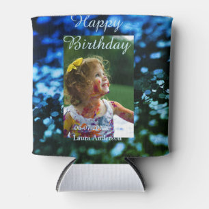 Blue green glitter photo kids birthday modern rust can cooler