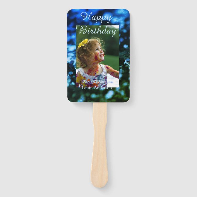 Blue green glitter photo kids birthday modern rust hand fan (Front)