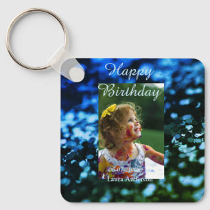 Blue green glitter photo kids birthday modern rust keychain