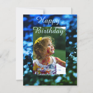Blue green glitter photo kids birthday modern rust postcard