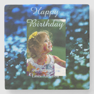 Blue green glitter photo kids birthday modern rust stone coaster