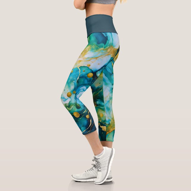 Blue Green Gold Alcohol Ink Cosmos Capri Leggings (Left)