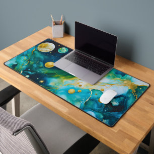 Blue Green Gold Alcohol Ink Cosmos Desk Mat