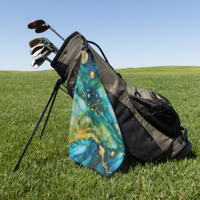 Blue Green Gold Alcohol Ink Cosmos Golf Towel (Green)