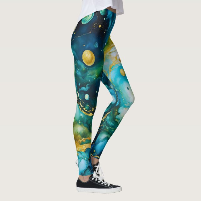 Blue Green Gold Alcohol Ink Cosmos Leggings (Right)