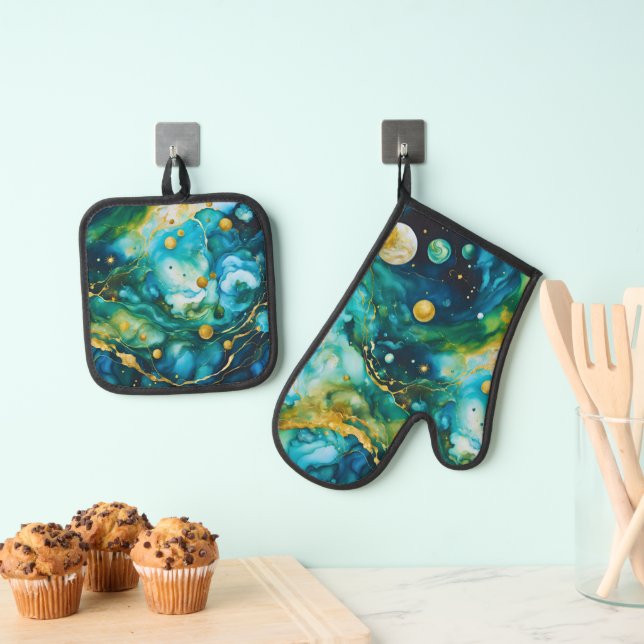 Blue Green Gold Alcohol Ink Cosmos Oven Mitt & Pot Holder Set (Insitu(Hanging))