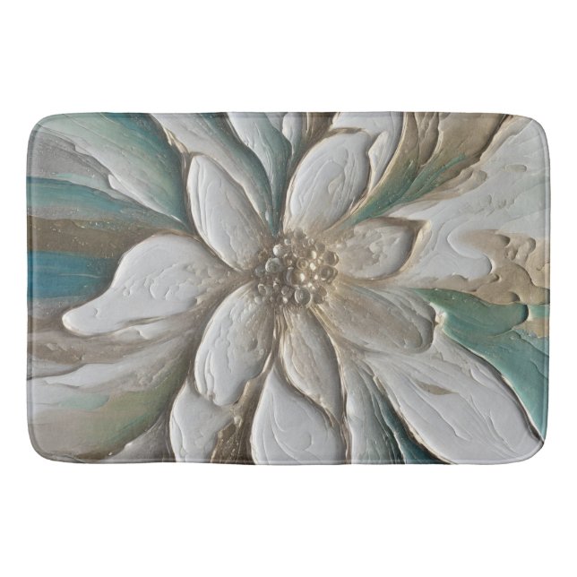 Blue Green Gold and White Abstract Flower Bath Mat (Front)