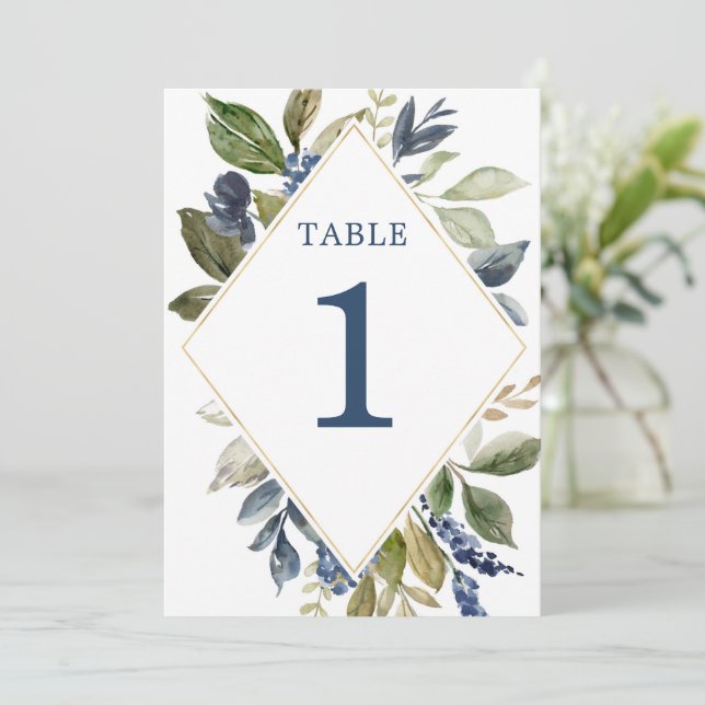 Blue green gold foliage greenery table numbers (Standing Front)