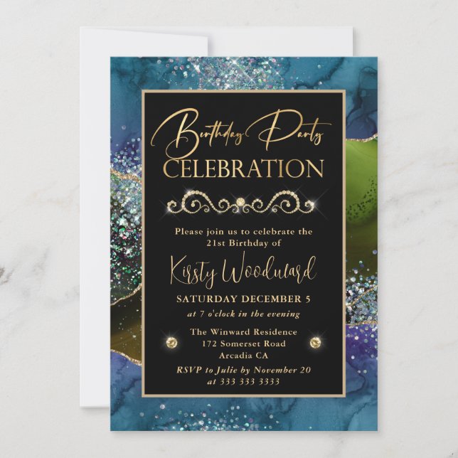 Blue & Green & Gold Glitter Agate Birthday Party Invitation (Front)