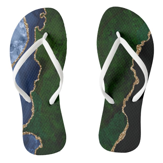 Blue Green Gold Glitter Agate Marble Flip Flops (Footbed)