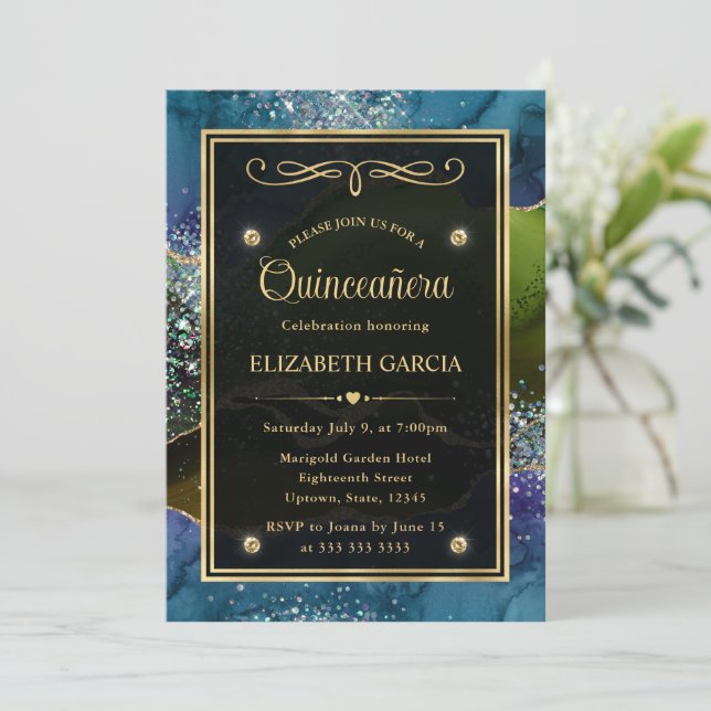 Blue, Green & Gold Glitter Agate Quinceanera Invitation (Standing Front)