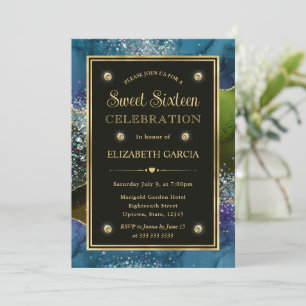 Blue, Green & Gold Glitter Agate Sweet Sixteen Invitation