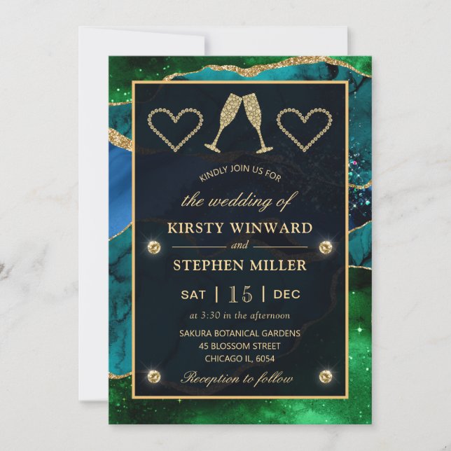 Blue & Green & Gold Glitter Peacock Agate Wedding Invitation (Front)