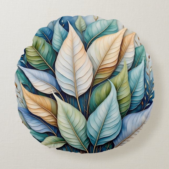Blue Green gold latte Leaves Round Pillow (Front)