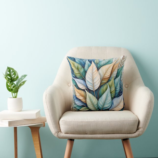 Blue Green gold latte Leaves Throw Pillow (Chair)