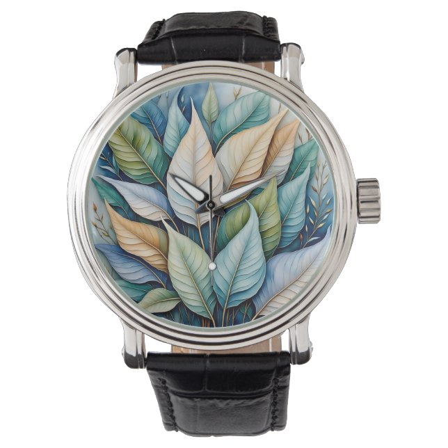 Blue Green gold latte Leaves Watch (Front)