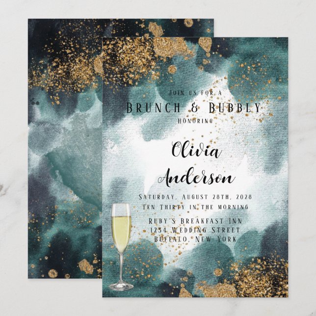Blue Green Gold Paint Agate Brunch and Bubbly Invitation (Front/Back)