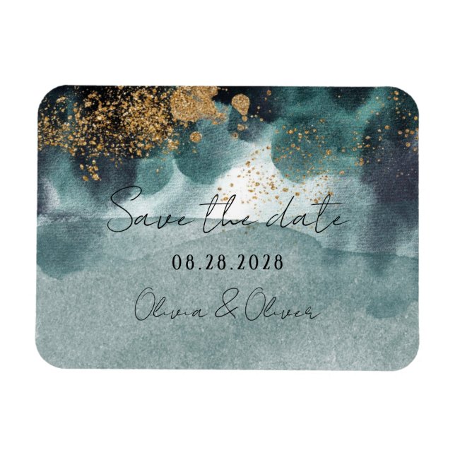Blue Green Gold Paint Agate Wedding Save The Date Magnet (Horizontal)