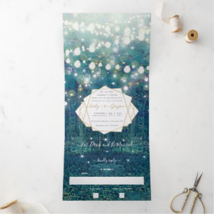 Blue Green Gold Rustic Chic Forest Wedding Tri-Fold Invitation