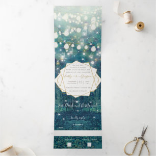 Blue Green Gold Rustic Chic Forest Wedding Tri-Fold Invitation