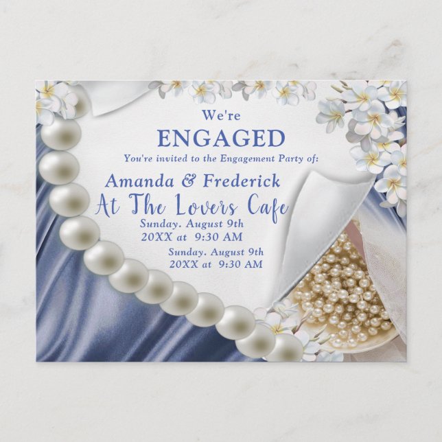 Blue,Green,Gold Silk & Ivory Pearls Engagement Invitation Postcard (Front)