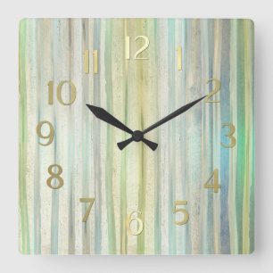 Blue Green Gold Stripes Square Wall Clock