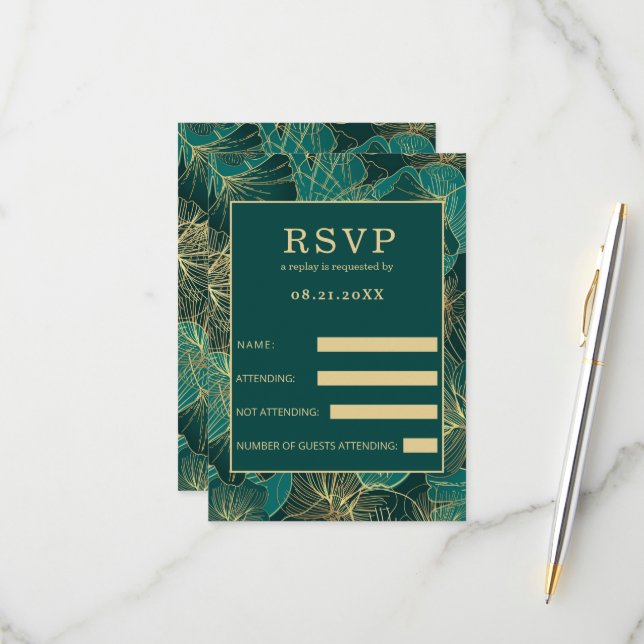 Blue-Green Golden Leaves  RSVP Card (Front/Back In Situ)