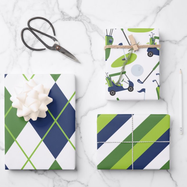 Blue & Green Golf Argyle Stripes Gift Wrap Sheets (Front)