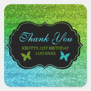 Blue & Green Gradient Faux Glitter Birthday Square Sticker
