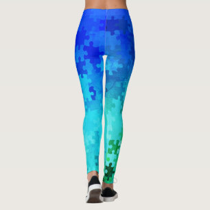 Blue-Green Gradient Puzzle Pieces Leggings