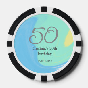 Blue green gray 50th birthday add name date retro poker chips