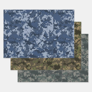Blue, Green & Green 3 Pixel Camo Camouflage Wrapping Paper Sheet