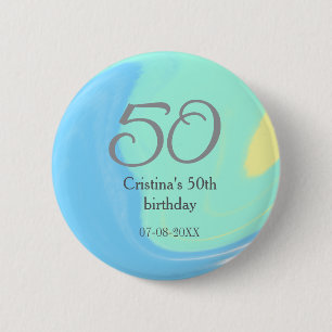Blue green grey 50th birthday add name date retro 2 inch round button