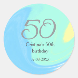 Blue green grey 50th birthday add name date retro classic round sticker