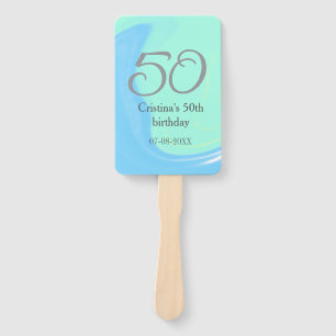 Blue green grey 50th birthday add name date retro hand fan