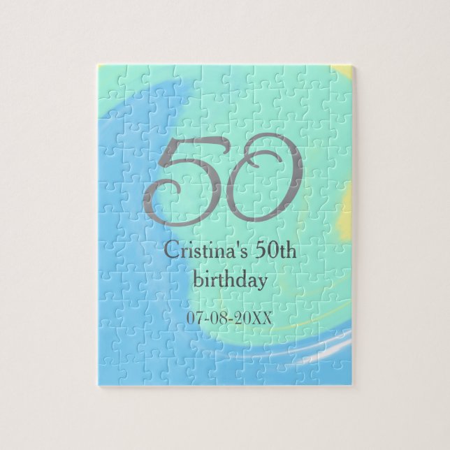 Blue green grey 50th birthday add name date retro jigsaw puzzle (Vertical)