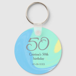 Blue green grey 50th birthday add name date retro keychain