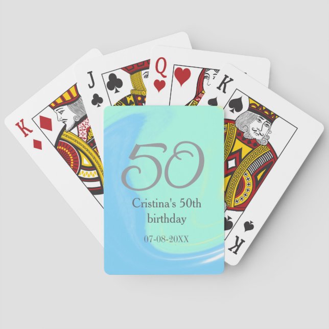 Blue green grey 50th birthday add name date retro playing cards (Back)