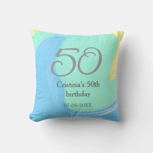 Blue green grey 50th birthday add name date retro throw pillow
