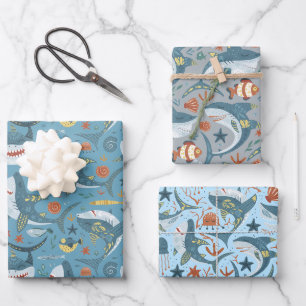 Blue Green Grey Sharks Boys Birthday Party Wrapping Paper Sheet