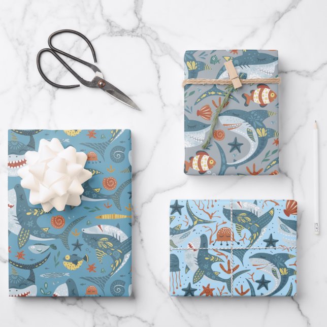 Blue Green Grey Sharks Boys Birthday Party Wrapping Paper Sheet (Front)