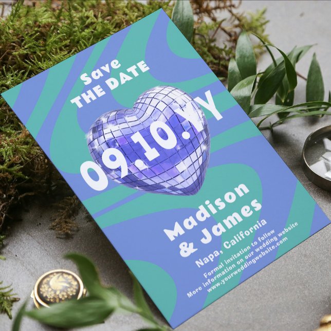 Blue Green Groovy Trendy Modern Disco Heart Photo Save The Date (Creator Uploaded)