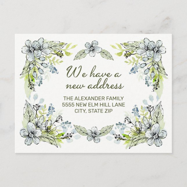 Blue Green Hand Drawn Flowers New Address Announcement Postcard (Front)