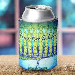 Blue Green Hanukkah Menorah Peace Love Light Artsy Can Cooler<br><div class="desc">“Peace love and light.” Add extra sparkle to the holiday season with this colourful, custom Hanukkah can cooler! A playful, artsy illustration of blue menorah candles with colourful faux foil patterns and modern typography overlay a turquoise gradient to white textured background. Personalize with your name. Feel the warmth and joy...</div>