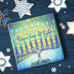 Blue Green Hanukkah Menorah Peace Love Light Bold Stone Coaster<br><div class="desc">“Peace, love & light.” A close-up photo of a bright, colourful, blue and green artsy menorah helps you usher in the holiday of Hanukkah in style. Feel the warmth and joy of the holiday season whenever you relax with your favourite beverage on this stunning, colourful Hanukkah stone coaster. Makes a...</div>