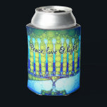 Blue Green Hanukkah Menorah Peace Love Light Quote Can Cooler<br><div class="desc">“Peace love and light.” Add extra sparkle to the holiday season with this colourful, custom Hanukkah can cooler! A playful, artsy illustration of blue menorah candles with colourful faux foil patterns and modern typography overlay a turquoise gradient to white textured background. Personalize with your name. Feel the warmth and joy...</div>