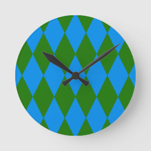 Blue Green Harlequin Checkered Design Round Clock