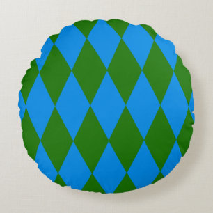 Blue Green Harlequin Checkered Design Round Pillow